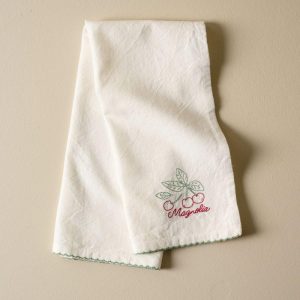 Linens | Cherry Embroidered Tea Towel Kitchen + Dining Linens